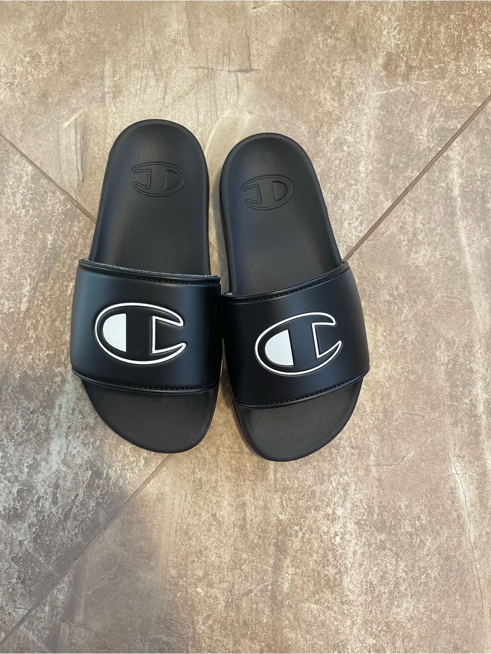 Champion Kids Black Slide Sandals with White C Logo